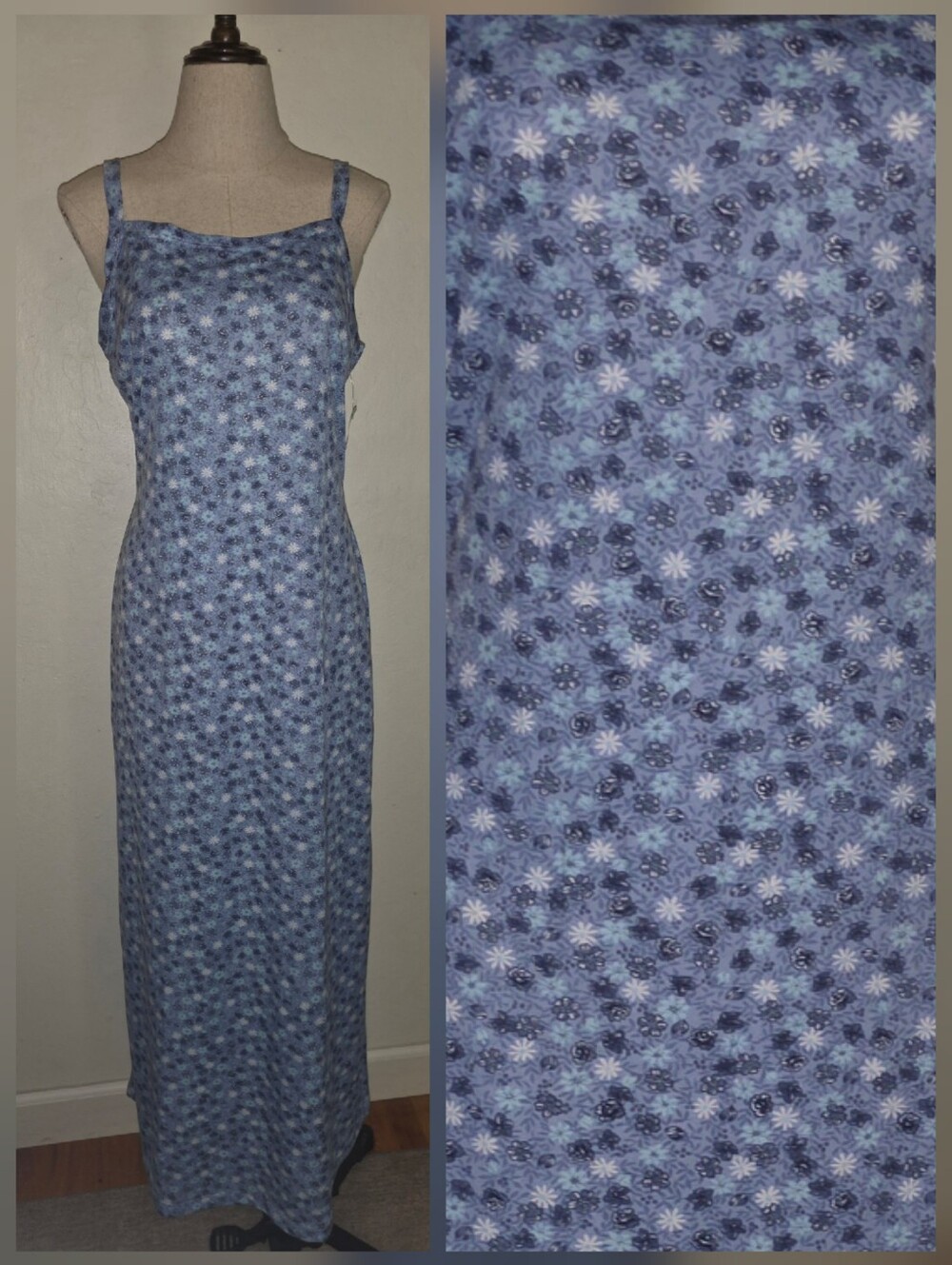 Vintage 1990s Baby Blue Floral Maxi Tank Dress NOS